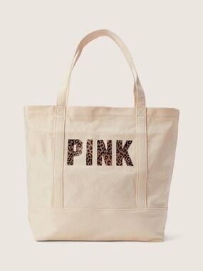 VS Pink Leopard Zippered Tote Bag Cream